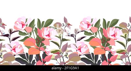 Vektor floral nahtlose Grenze mit rosa Blumen. Gartenblumen mit Stielen und Blättern. Stock Vektor