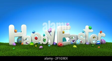 Frohe Ostern Text mit bunten Eier auf grünem Gras mit blauem Himmel - 3D-Rendering Stockfoto