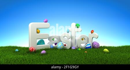 Ostern Text mit bunten Eier auf grünem Gras mit blauem Himmel - 3D-Rendering Stockfoto