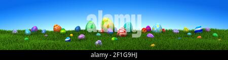 Bunte Ostereier auf grünem Gras mit blauem Himmel - 3D-Rendering Stockfoto