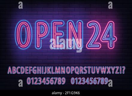 Neon beleuchteten Schriftsatz, Alphabet voll abc Schriftart mit neon blauen und roten Stil Buchstaben. Schild 24 öffnen Stock Vektor