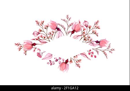 Wasserfarbenes Blumenbanner. Rhombenrahmen für Text. Transparente Rosenblüten und Blätter und Beeren. Abstrakter Hintergrund für Logo. Isoliert von Hand gezeichnet Stockfoto