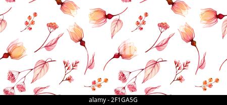 Aquarell Nahtloses Muster. Abstrakte Rosen, Beeren, herbstliche Blätter auf Weiß. Isolierte Hand gezeichnet floralen Hintergrund für Tapete, Textil Stockfoto