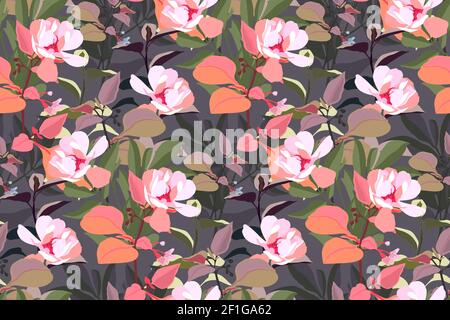 Vektor florale Nahtloses Muster. Rosa Gartenblumen mit orangefarbenen, grünen, grauen Blättern. Stock Vektor