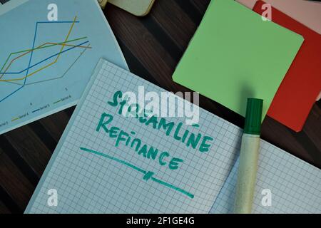 Streamline Refinanzierung Schreiben Sie auf ein Buch isoliert auf Holztisch. Stockfoto