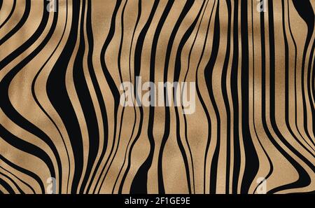 Abstrakte Zebra-Streifen, gewellt mit buntem schwarz-goldenem Muster. Safari, Tierzoo natürlichen Hintergrund. Afrikanisches Tierdesign. Horizontaler Hintergrund. Abbildung Stockfoto