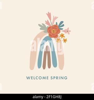 Frühling, Sommer Grußkarten, Einladungen. Handgezeichneter pastellfarbener Regenbogen mit bunten Blumen. Moderne minimalistische Vektor-Zeichnung, Wandkunst. Geburtstag Stock Vektor