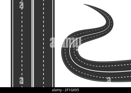 Straße mit weißen Markierungen isoliert auf weißem Hintergrund. Straßensymbol. Gerade und gebogene Asphaltstraße Textur mit weißen Streifen. Vektorgrafik Stock Vektor