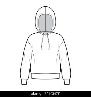 Hoody Sweatshirt technische Mode-Illustration mit langen Ärmeln, übergroßen Körper, Bund Saum, Tunnelzug. Flach Medium Bekleidungsvorlage vorne, weiß Farbe Stil. Frauen, Männer, Unisex CAD Mockup Stock Vektor