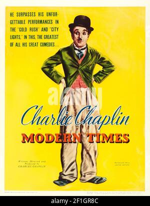 Filmposter: Modern Times – ein amerikanischer Stummkomödiantifilm aus dem Jahr 1936, der von Charlie Chaplin geschrieben und Regie geführt wurde. Stockfoto