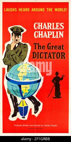 Der große Diktator – 1940 amerikanischer Satirefilm mit Comedy-Drama, der von dem britischen Komiker Charlie Chaplin geschrieben, Regie geführt, produziert, aufgeführt und mit der Hauptrolle aufgeführt wird. Stockfoto