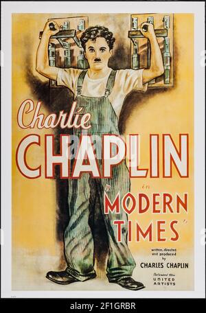 Filmposter: Modern Times – ein amerikanischer Stummkomödiantifilm aus dem Jahr 1936, der von Charlie Chaplin geschrieben und Regie geführt wurde Stockfoto