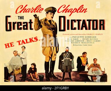 Der große Diktator – 1940 amerikanischer Satirefilm mit Comedy-Drama, der von dem britischen Komiker Charlie Chaplin geschrieben, Regie geführt, produziert, aufgeführt und mit der Hauptrolle aufgeführt wird. Stockfoto