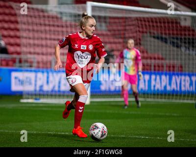 Bristol, Großbritannien. März 2021, 08th. Faye Bryson von Bristol City Women in Action .Barclays Women's Super League match, Bristol City Women vs Reading Women at Ashton Gate Stadium in Bristol, Avon on Monday 8th March 2021. Dieses Bild darf nur für redaktionelle Zwecke verwendet werden. Nur redaktionelle Verwendung, Lizenz für kommerzielle Nutzung erforderlich. Keine Verwendung in Wetten, Spiele oder ein einzelner Club / Liga / Spieler Publikationen. PIC von Lewis Mitchell / Andrew Orchard Sport Fotografie / Alamy Live News Kredit: Andrew Orchard Sport Fotografie / Alamy Live News Stockfoto