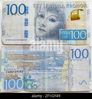 Eine Nahaufnahme von einer hundert schwedischen Kronen-Banknote auf Ein weißer Hintergrund Stockfoto