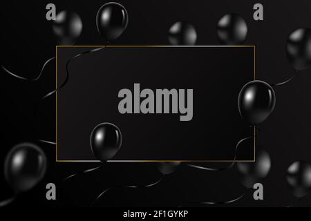 Fliegende Ballons, schwarzer Rahmen mit luxuriöser goldener Linie auf schwarzem Hintergrund. Black Friday-Angebot, große Eröffnung. Banner und Hintergrund, Broschüre und Stock Vektor