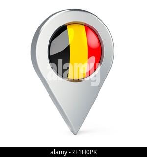 Kartenzeiger mit Flagge von Belgien, 3D Rendering isoliert auf weißem Hintergrund Stockfoto
