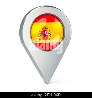 Kartenzeiger mit Flagge von Spanien, 3D Rendering isoliert auf weißem Hintergrund Stockfoto