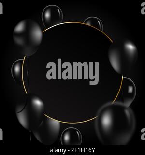 Fliegende Ballons, schwarzer Rahmen mit luxuriöser goldener Linie auf schwarzem Hintergrund. Black Friday-Angebot, große Eröffnung. Banner und Hintergrund, Broschüre und Stock Vektor