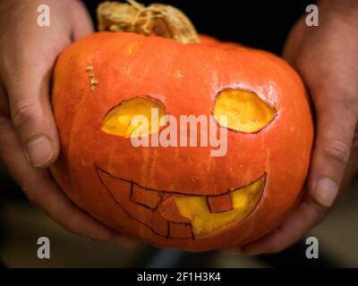 Halte einen halloween Kürbis in den Händen Stockfoto