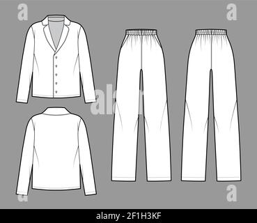 Set von Sleepwear Pyjamas Hemd, Hose technische Mode Illustration mit voller Länge, übergroß, Taschen, Knopfverschluss, lange Ärmel. Flatfront hinten, weiß in Form. Frauen Männer Unisex CAD mockup Stock Vektor
