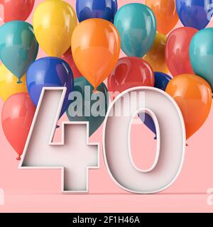 Happy 40th Geburtstag Hintergrund mit bunten Ballons. 3D Rendering Stockfoto