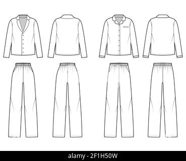 Set von Sleepwear Pyjamas Hemd, Hose technische Mode Illustration mit voller Länge, normale niedrige Taille, übergroß, Taschen, lange Ärmel. Flatfront hinten, weiß in Form. Frauen, Männer CAD-Modell Stock Vektor