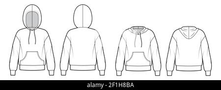 Set von Hoody Sweatshirt technische Mode Illustration mit langen Ärmeln, übergroßen Körper, Kängurutasche, gebändert. Flache Bekleidungsvorlage vorne, hinten, weiße Farbe. Frauen, Männer, Unisex CAD Mockup Stock Vektor