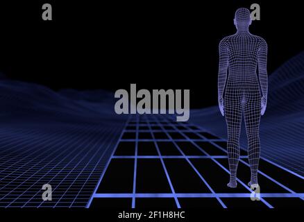 Wireframe digital man on Road mit virtueller Landschaft. 3D Abbildung Stockfoto