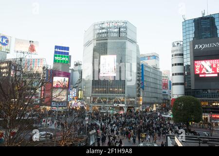 Shibuya Crossing oder Shibuya Scramble Crossing in Tokyo Japan bei Nacht Stockfoto