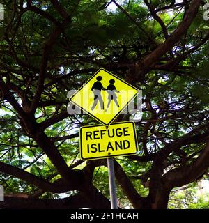Refuge Island Street Schild Zwischen Bäumen Stockfoto