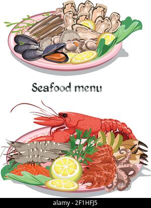 Skizze farbenfrohe Meeresfrüchte-Speisekarte mit Krabben Krake Krustentiere Hummer oyster Jakobsmuschel Produkte auf Platten Vektor-Illustration Stock Vektor