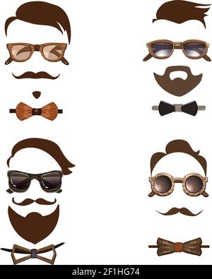 Hipster Outfit Kombinationen Set mit verschiedenen Holzbrillen Fliege Schnurrbart und Frisur isoliert Vektor-Illustration Stock Vektor