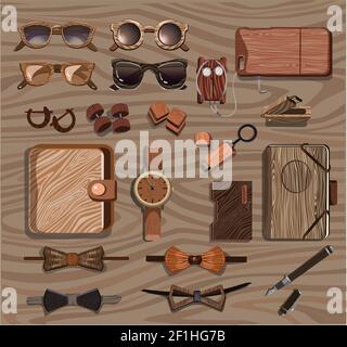 Hipster Wooden Accessoires Kollektion mit Brillenetui für Geräte Manschettenknöpfe Flash-Laufwerk Uhr Stift Bogen Krawatten Kopfhörer isoliert Vektor Illustration Stock Vektor