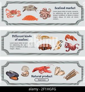 Bunte handgezeichnete Meeresfrüchte horizontale Banner mit Text Meerestiere Und Kreaturen Vektor Illustration Stock Vektor