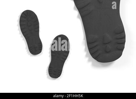 Große Männer und kleine Baby Sneaker Schuhe Außensohle Ansicht, isoliert auf weißem Hintergrund 3d illustration Stockfoto