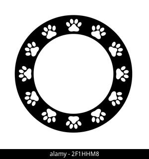 Paw-Rahmen auf weißem Hintergrund. Flacher Stil. Dog Paw Print Rand. Schwarz Tier Paw Prints runden Rahmen. Stockfoto