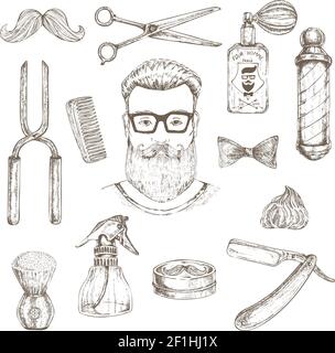 Barber Elements handgezeichnetes Set mit Gesicht von Hipster-Objekten Für Haarschnitt und Rasur isolierte Vektor-Illustration Stock Vektor