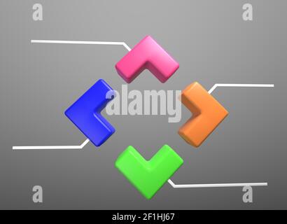 Vierteilige Infografik-Präsentation. Geschäftsdiagramm mit 4 Schritten. Vier Abschnitte. 3D Abbildung Stockfoto