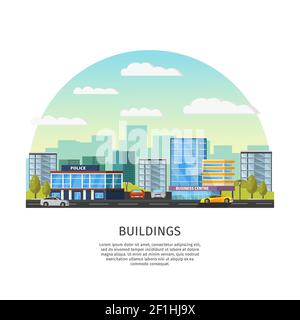 Moderne Stadtbild Vorlage mit Autos Straßenpolizei und Business-Center Vektordarstellung „Gebäude“ Stock Vektor