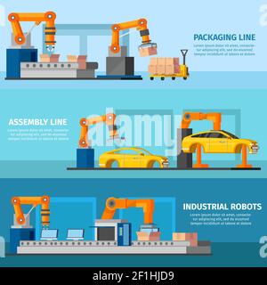 Industrielle automatisierte Fertigung horizontale Banner mit Roboterarm Manipulatoren und Lader arbeiten an Fließband Vektorgrafik Stock Vektor