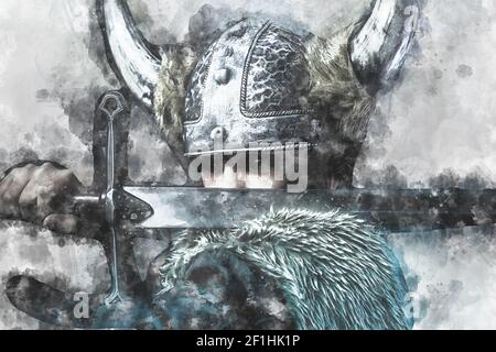 Aquarell, Verteidigung, Wikingerkrieger, männlich im barbarischen Stil mit Schwert gekleidet, bärtig Stockfoto