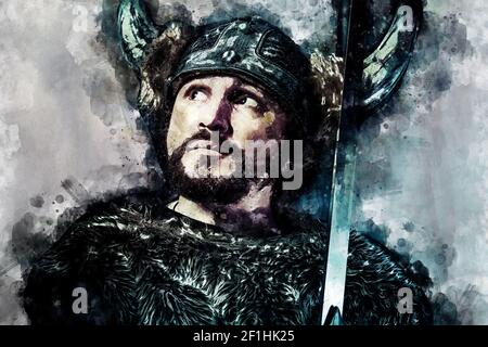 Viking Krieger Aquarell, männlich im barbarischen Stil mit Schwert gekleidet, bärtig Stockfoto