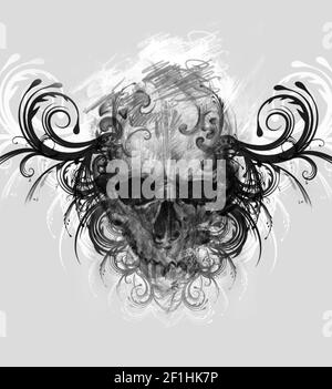 Skizze der Tattoo-Kunst, Schädel mit tribal Schnörkel Stockfoto