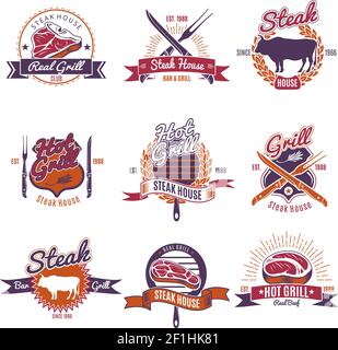 Set von isolierten Steak Embleme in Farbe mit Bildern von Fleisch Steaks Besteck Tiere und Text Vektor Illustration Stock Vektor