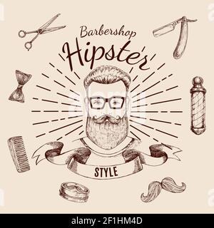 Barbershop Hipster Stil Design mit männlichen Gesicht Arbeitswerkzeuge Band Und Strahlen handgezeichnete monochrome Vektor-Illustration Stock Vektor