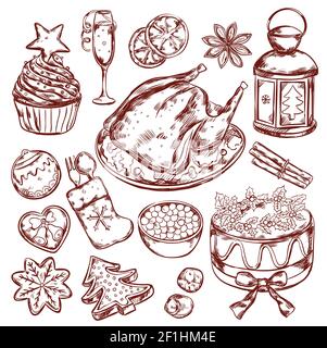 Isolierte Skizze Food-Elemente mit handgezeichneten Stil Bilder gesetzt Von Silvester Feiertag Fest Vektor-Illustration Stock Vektor