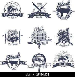 Set von neun isoliert Vintage Steak Etiketten Oldschool mit dekorativen Bänder Text Besteck und Tiere Silhouetten Vektor Illustration Stock Vektor