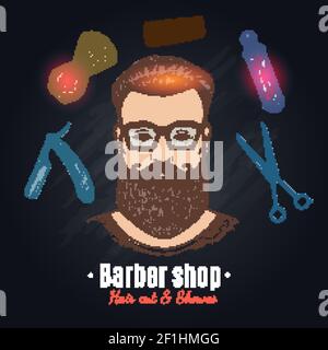 Friseurladen Design mit Arbeitswerkzeugen und Gesicht von Hipster Auf schwarzem Hintergrund handgezeichnete Vektorgrafik Stock Vektor