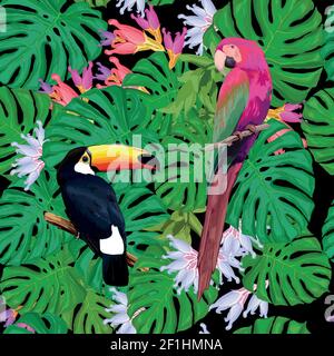 Exotische Vögel nahtloses Muster mit Tukan Ara grünen Palmen Zweige Und tropische Blumen Vektor-Illustration Stock Vektor